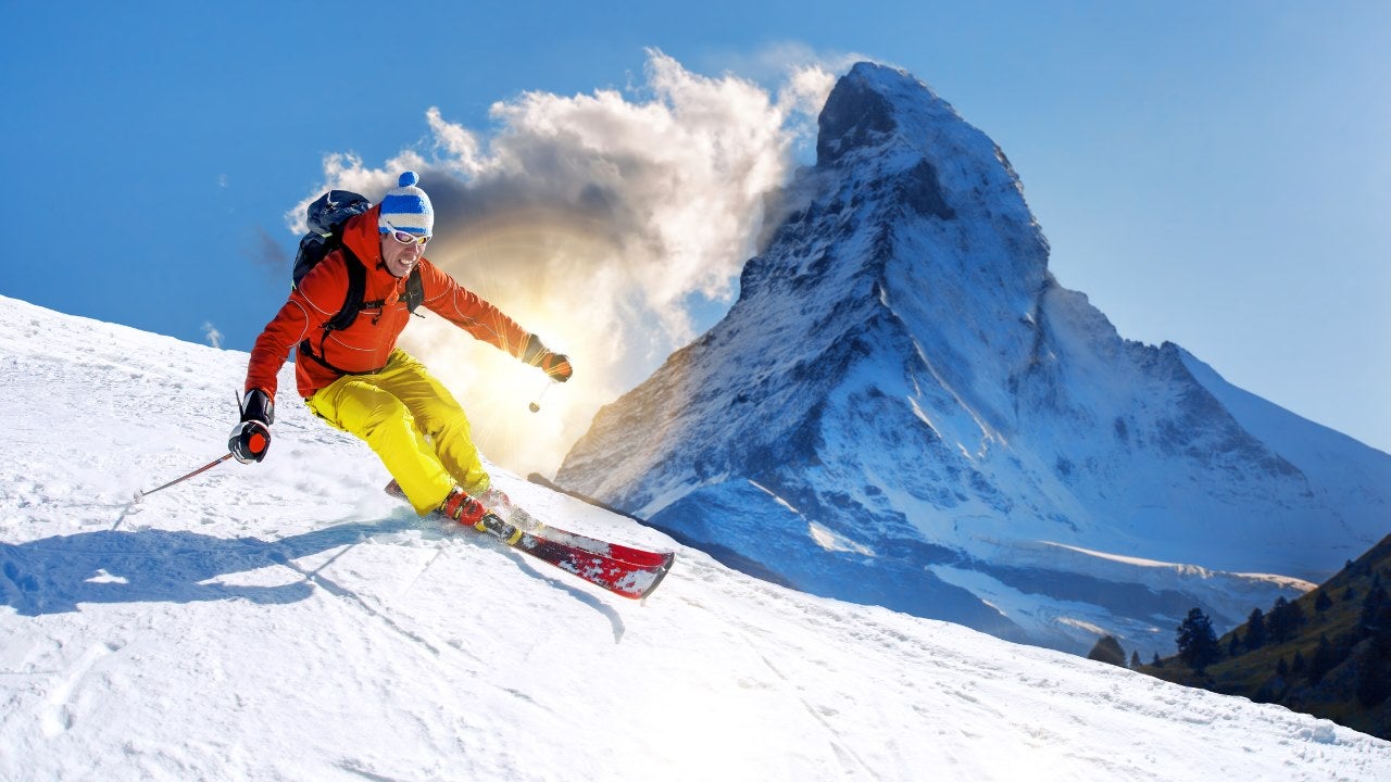 A skier in Switzerland near on the Matterhorn.