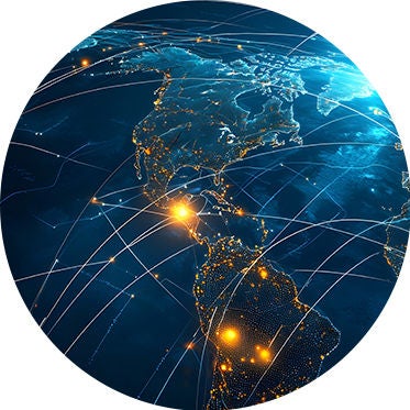 World map illuminated by a network of lights, symbolizing global connectivity and communication.