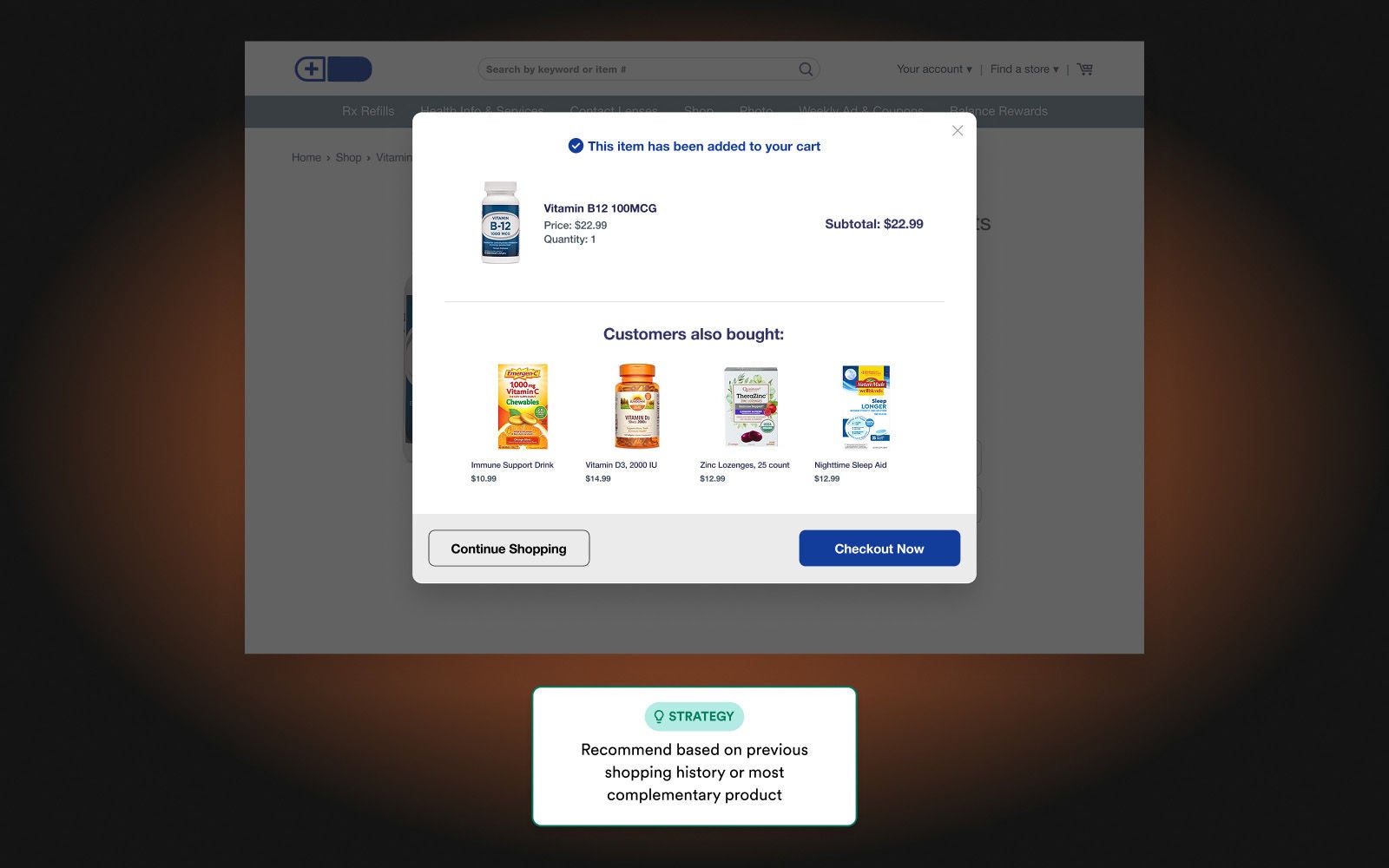 Product recommendations on the checkout screen