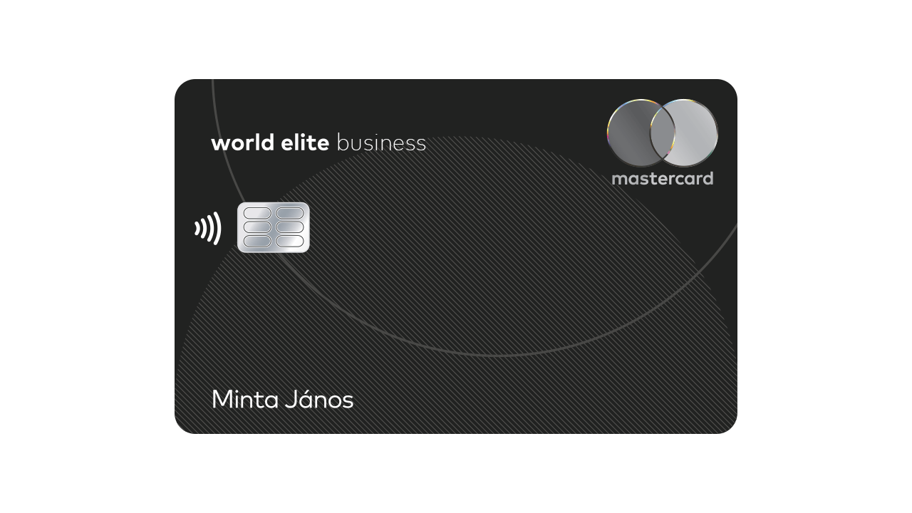 Egy fekete színű World Elite Business Mastercard bankkártya látható érintésmentes fizetési jelzéssel és a kártyabirtokos nevével.