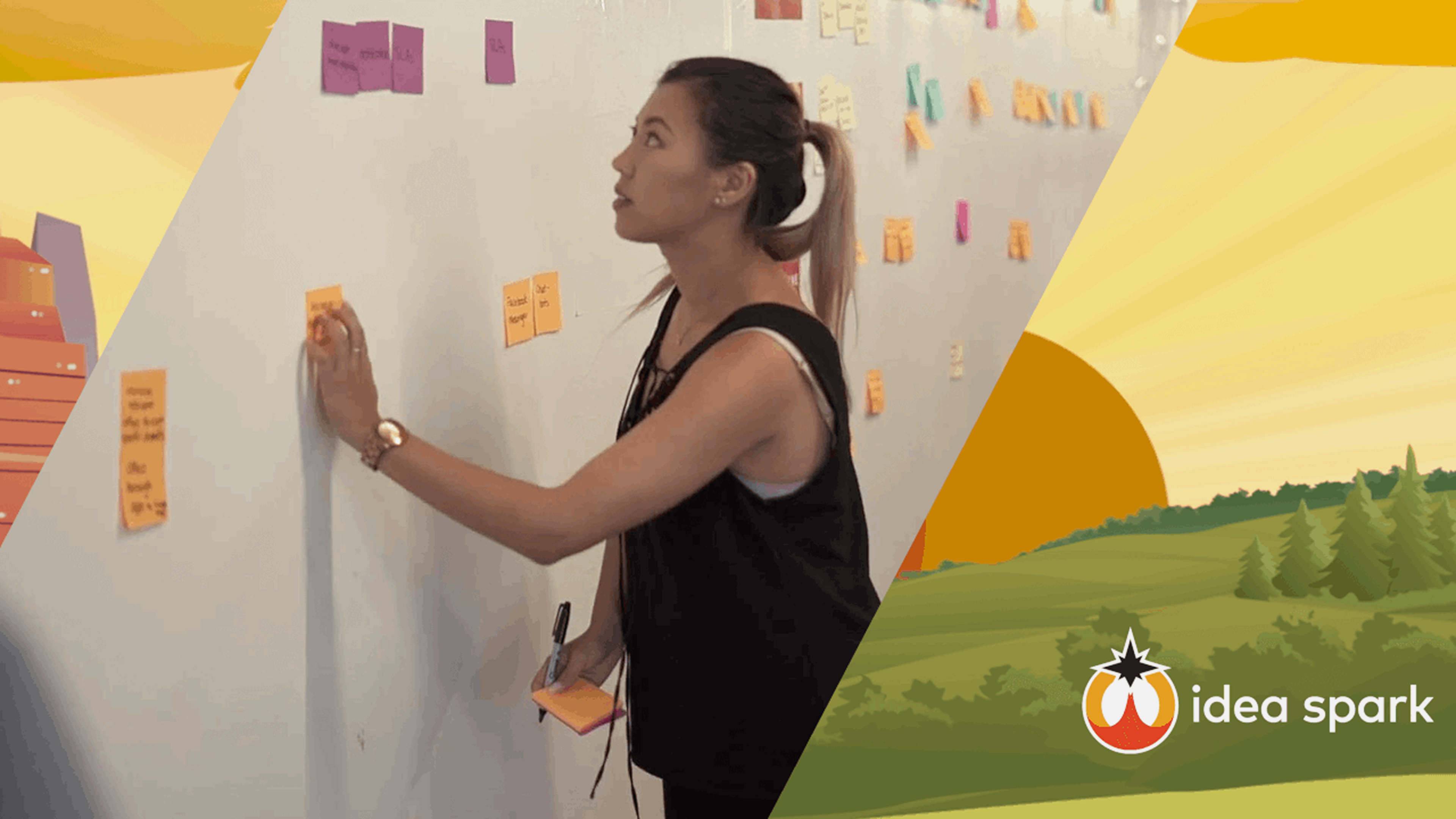 A woman sticking sticky notes