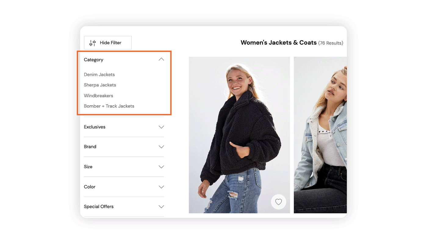 Example of search filters on an e-commerce site 