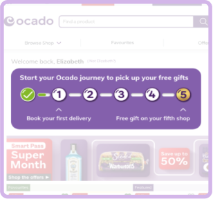 This returning shopper has completed one online order, as indicated by the personalized tracker that shows how many purchases are left to receive a reward.