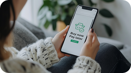 チェックアウト時にスマートフォンを使って食料品の「今すぐ購入、後で支払い」オプションを示す画像。
