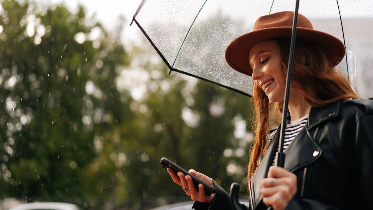 Woman under umbrella on phone