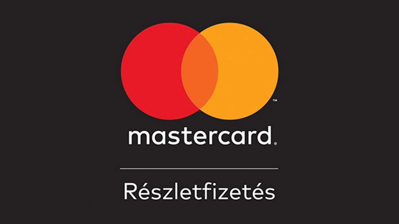 A Mastercard logó fekete háttéren, alatta a „Részletfizetés” felirat.