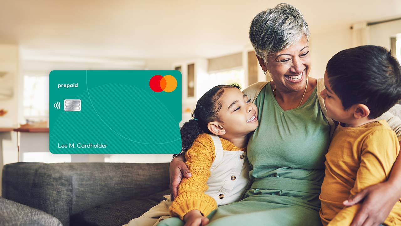 Woman with two children and image of Mastercard prepaid card.