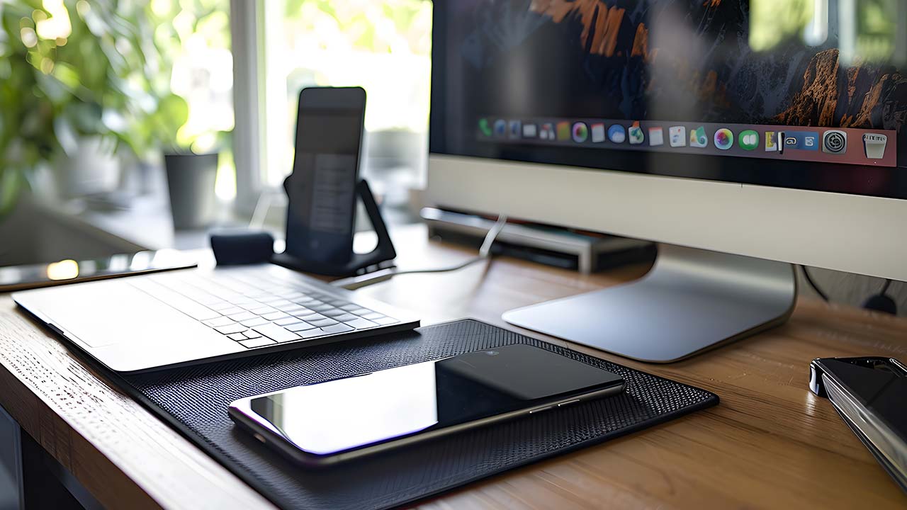 An office desk with multiple devices.