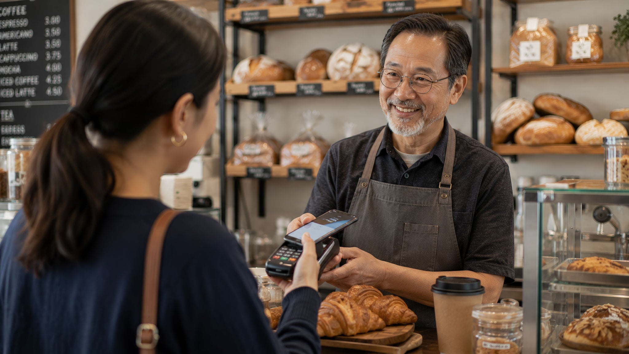 A smiling barista serving customer using mobile payment at bakery counter with fresh pastry