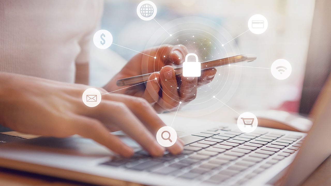 Cybersecurity network of connected devices and personal data security.