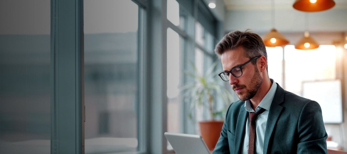 man using tablet at desk