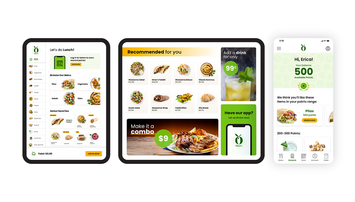 Restaurant menu shown on different devices, including tablet, phone and kiosk