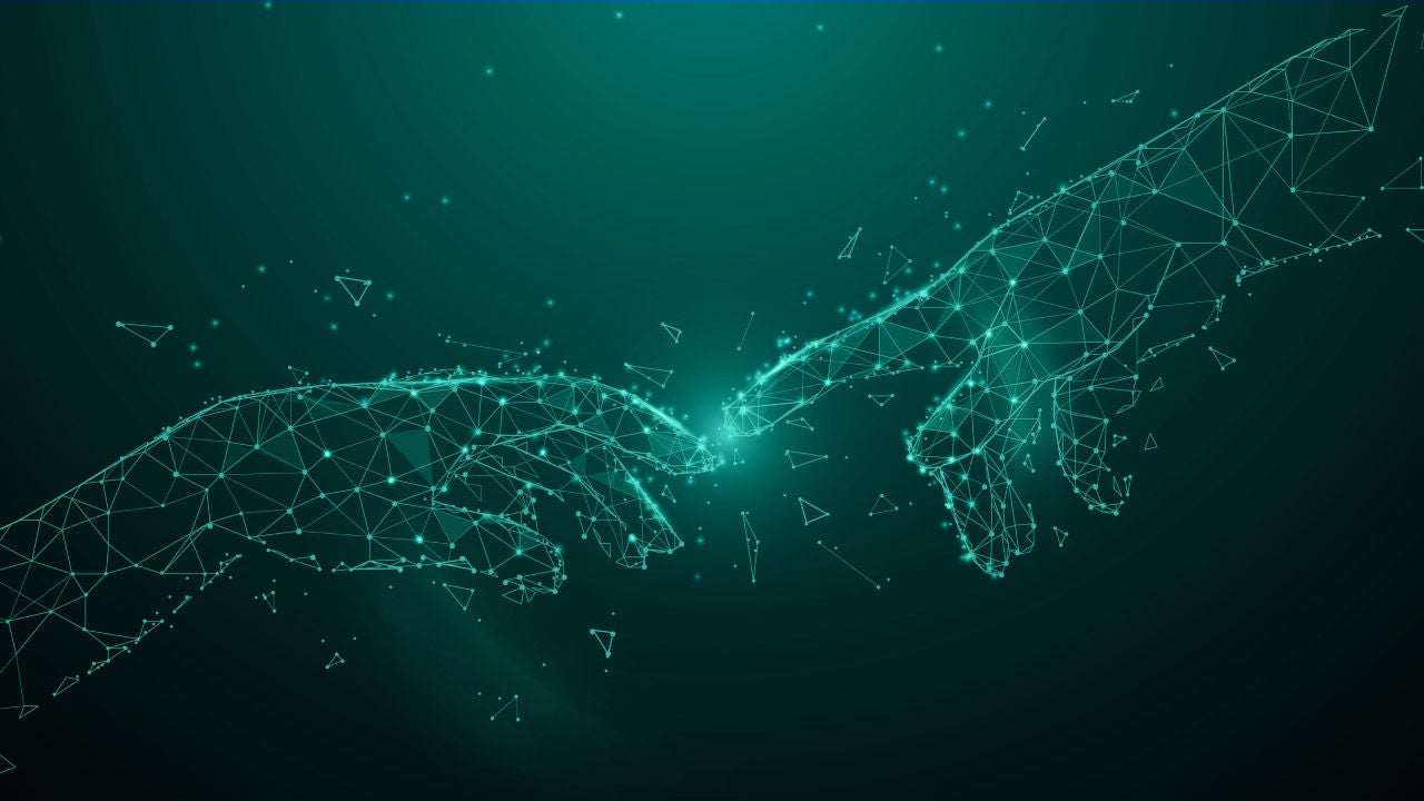 Abstract techy illustration hands reaching.