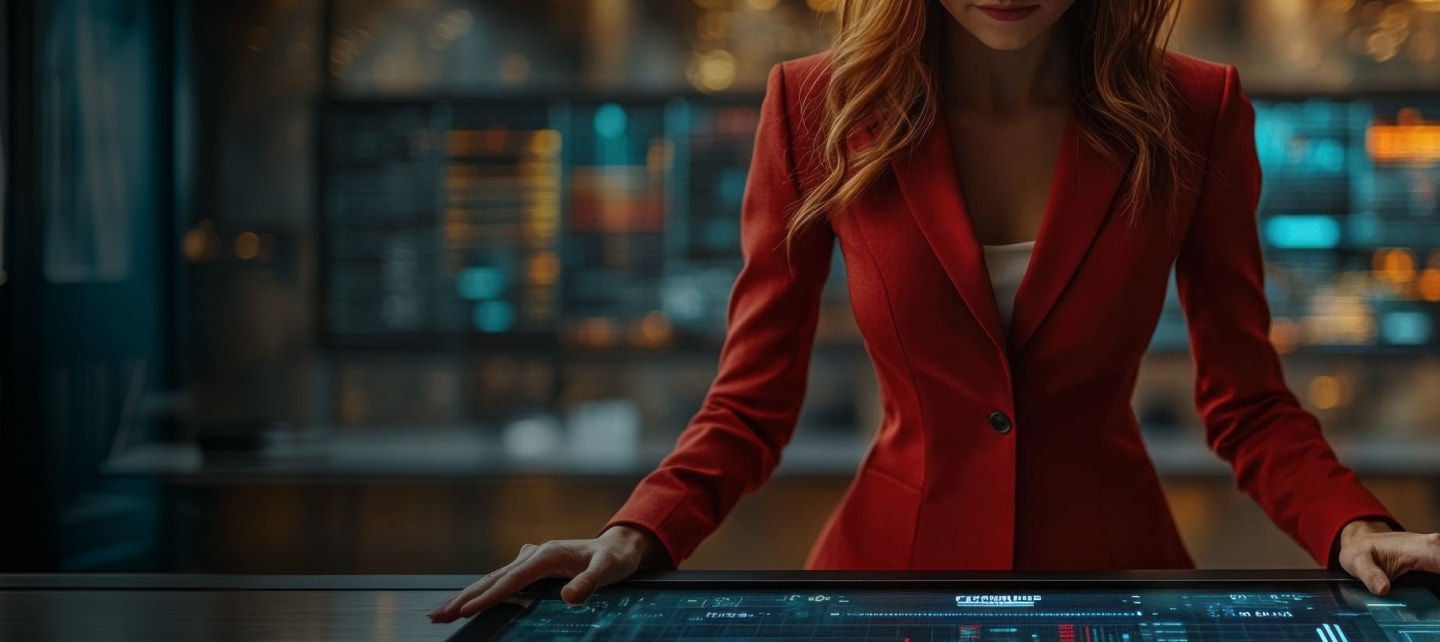 woman analyzing futuristic data screen