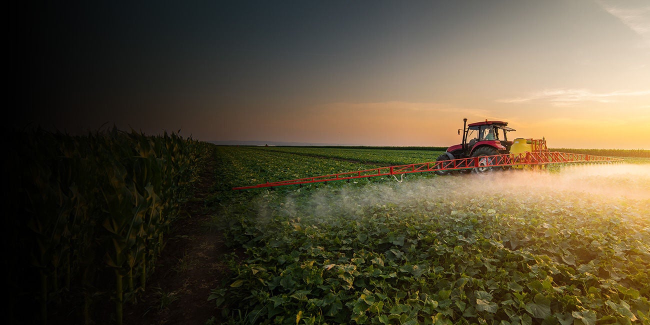 Traktor permetezőgéppel halad egy zöld mezőn naplementében, miközben permetfelhő borítja a növényeket.