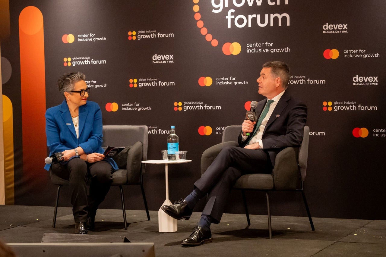 Shamina Singh and  Paschal Donohoe at the Global Inclusive Growth Forum