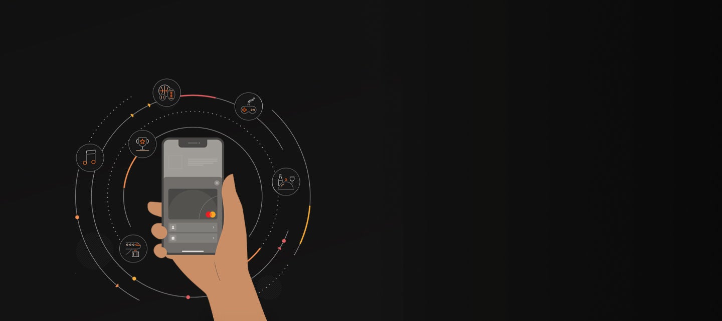 امرأة تنظر إلى رف ملابس داخل صورة ظلية لشعار Mastercard