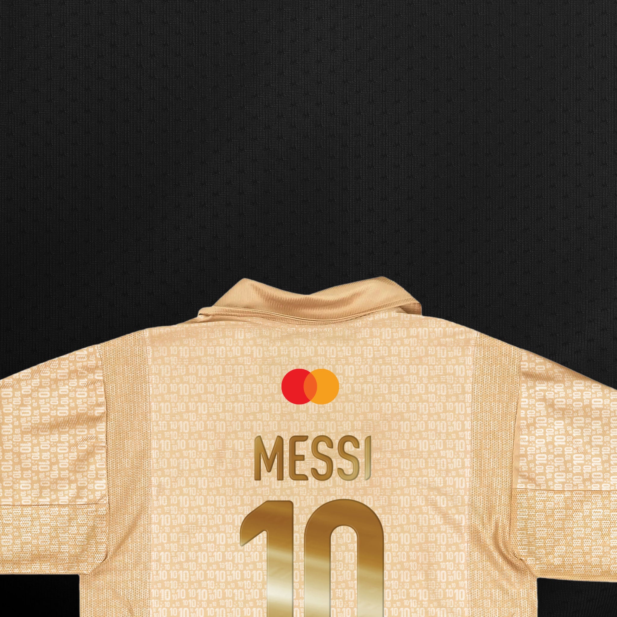 Back view of a gold-colored soccer jersey covered in a repeating miniature "10" pattern, featuring the Mastercard logo, with "MESSI" and the number "10" in a sleek gold font, set against a dark textured background.