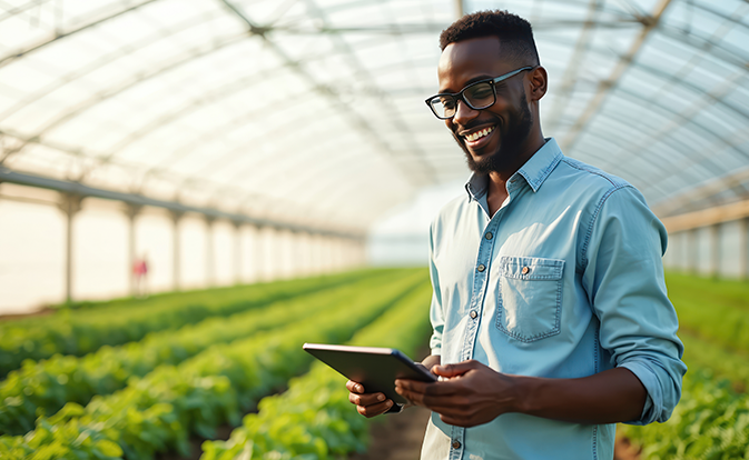 young man in glasses standing in greenhouse with tablet