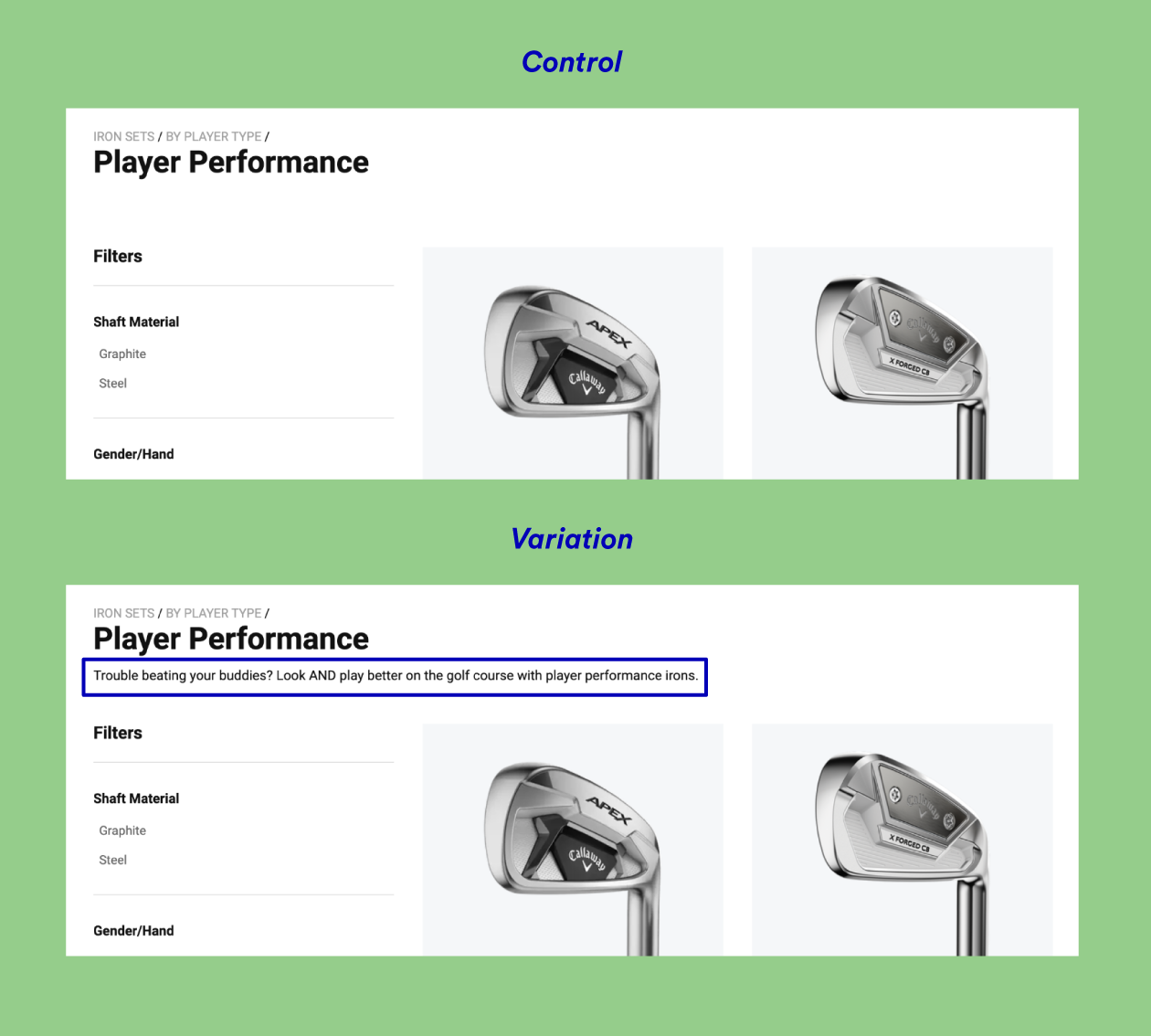 Example of an A/B test where the second variation includes more text under the headline