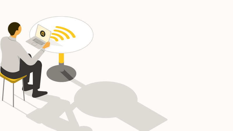 Illustration man using laptop at table.