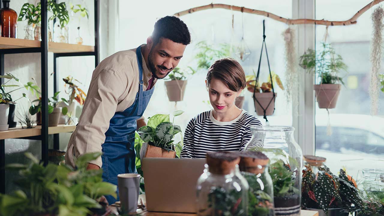Shop assistants with laptop working in potted plant store, small business concept.