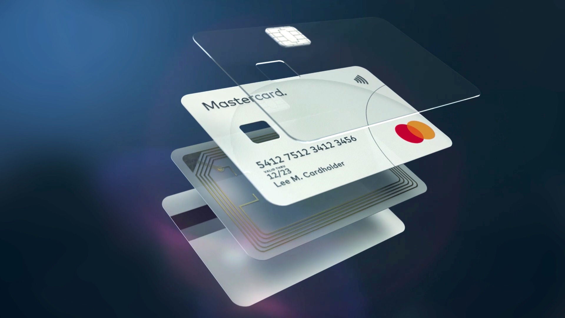 A payment card shown in exploded view with its separate layers floating apart.
