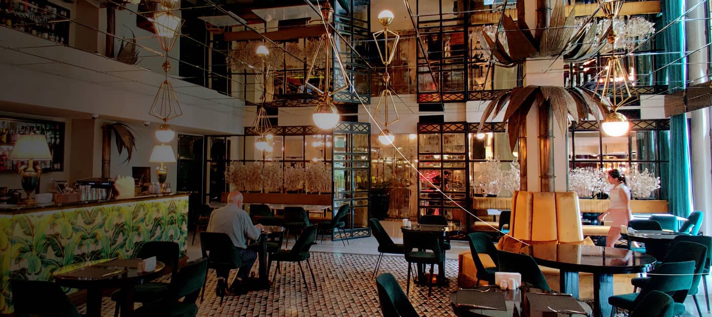 vibrant patterned modern hotel bar