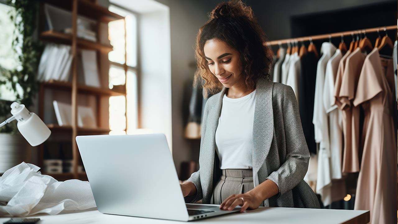 Self employed tailor using laptop in her office.