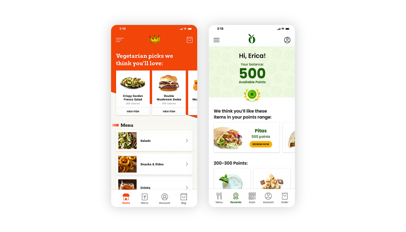Example of a restaurant application displaying the food menu