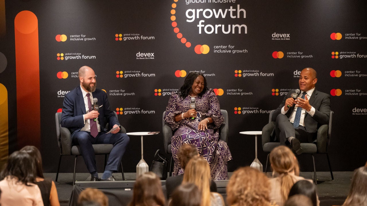Jesse McWaters, Dante Disparte, Sabine Mensah at GIGF on stage. 