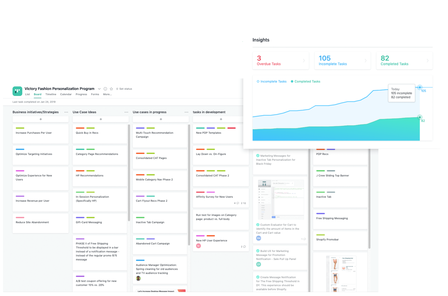 Screenshot of a customer success shared project board