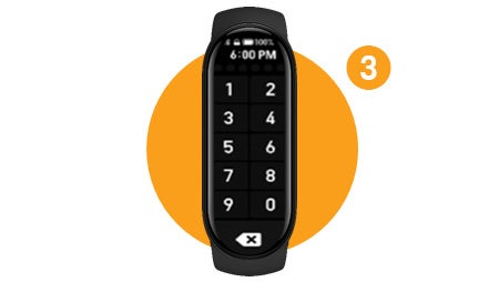 Xiaomi okoskarkötő PIN-kód beviteli képernyővel, számozott lépésjelöléssel narancssárga háttéren.