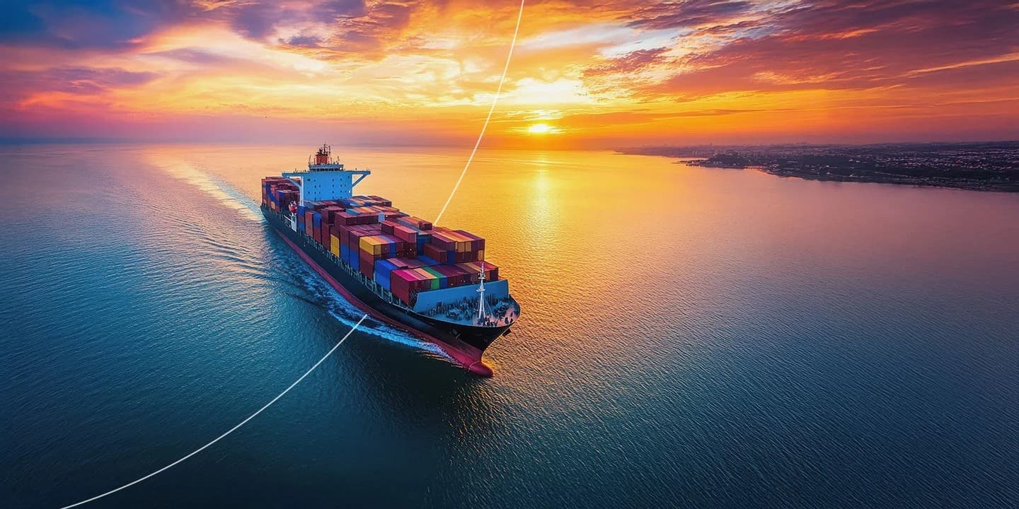 ספינת משא גדולה מעבירה סחורות דרך נתיב מים.