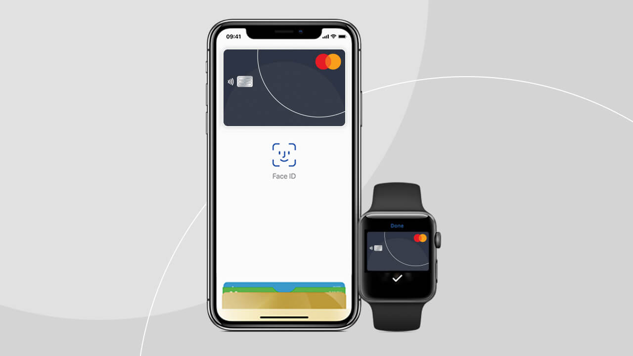 iPhone és Apple Watch Apple Pay fizetési képernyővel, Mastercard kártyával, letisztult szürke háttéren.