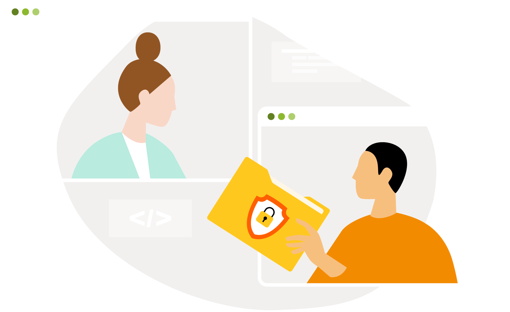 Icon of a man handing a file to an icon of a woman 