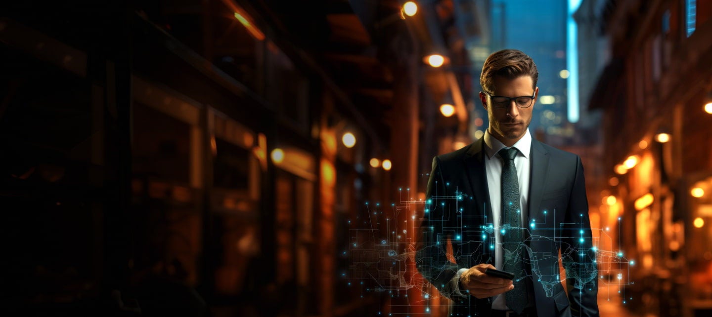 businessman using mobile data hologram
