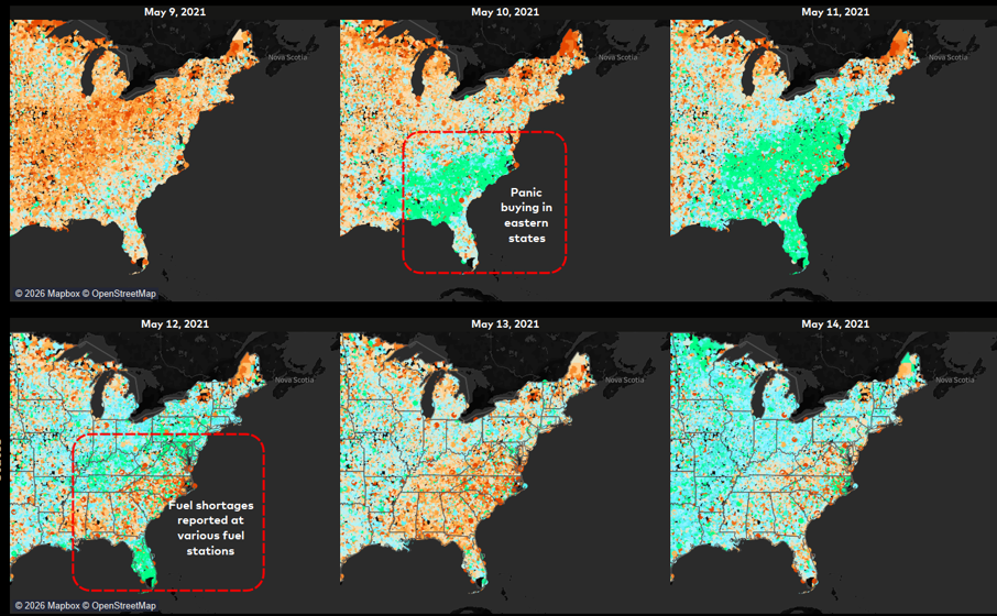 Map of the Eastern U.S. showing panic buying after Colonial Pipeline attack. 