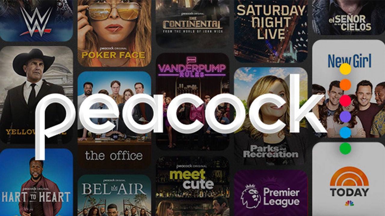 Peacock logo over a background of some Peacock shows