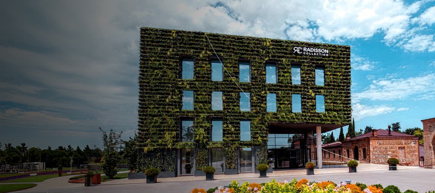 vertical green radisson hotel exterior