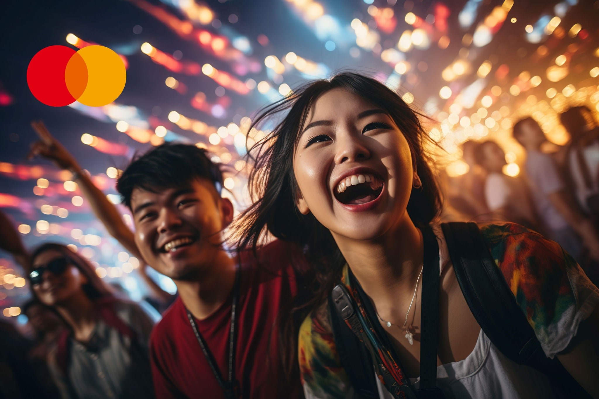 A young woman laughs with her head tilted back in a crowd at a concert, surrounded by friends and colourful blurred stage lights.