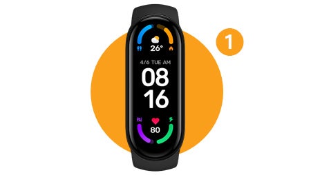 Xiaomi okoskarkötő számozott lépésjelöléssel, narancssárga kör alakú háttéren.