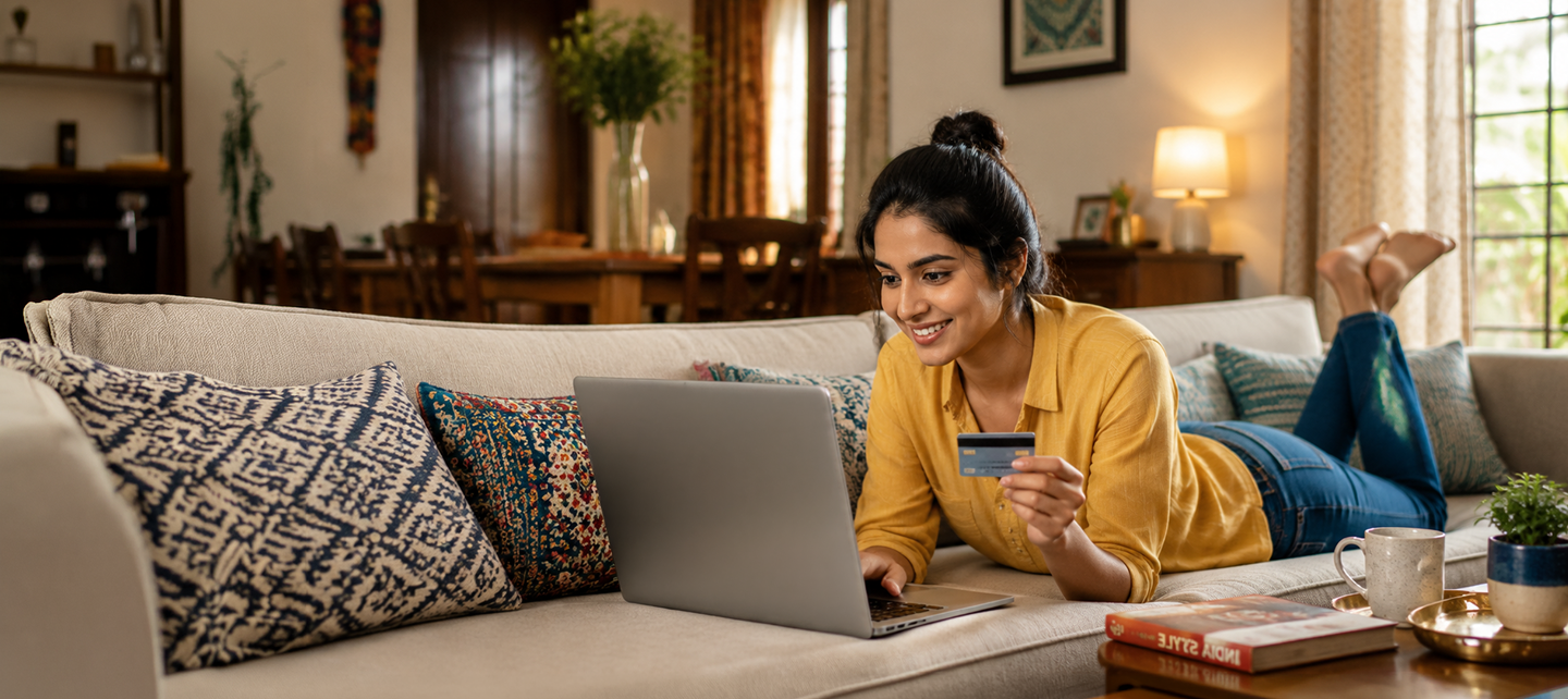 Woman online shopping on sofa