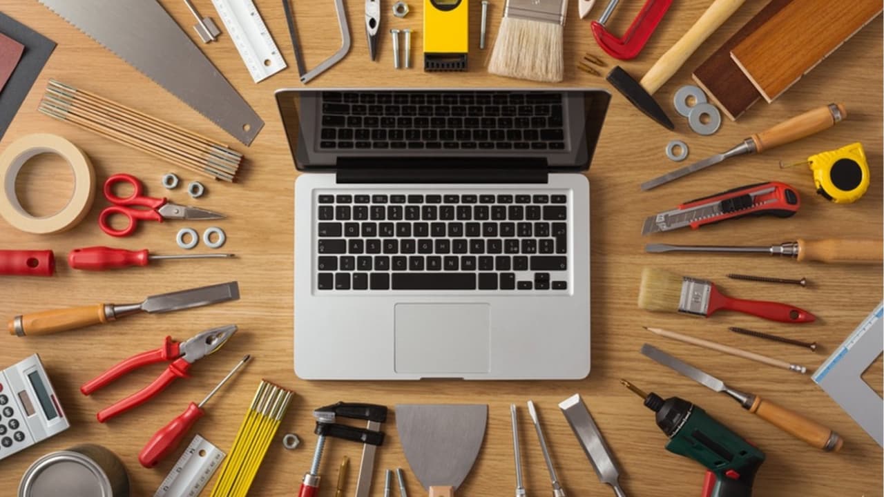 laptop omringd door diverse houtbewerkingsgereedschappen