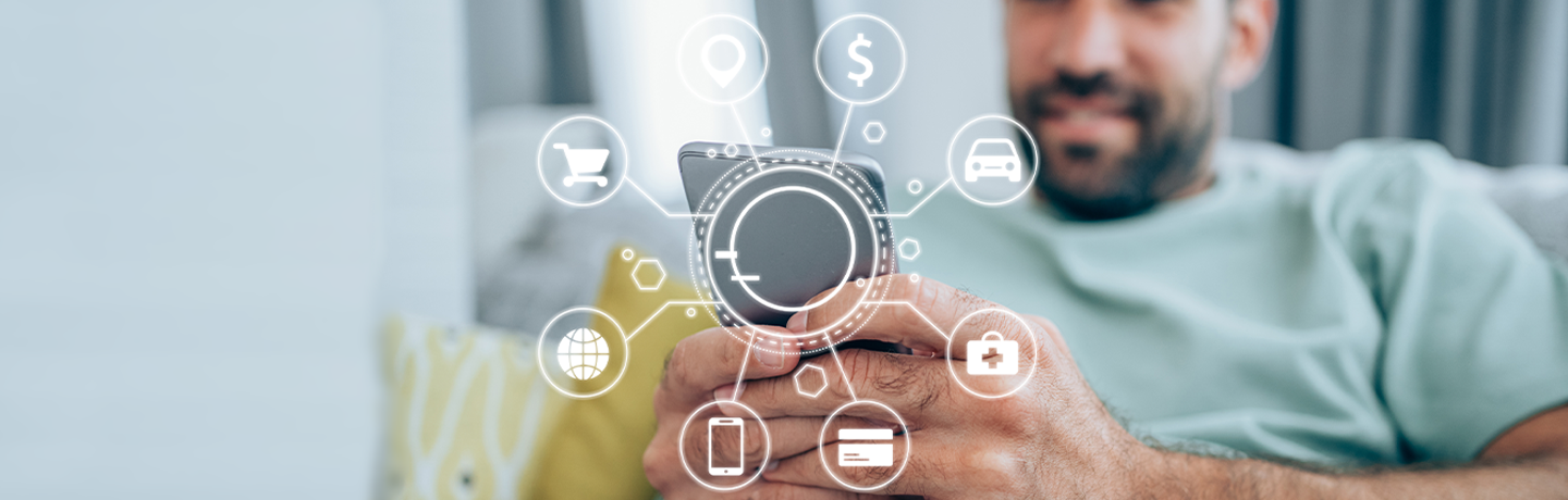 Homme au téléphone avec des illustrations de l'icône de la banque ouverte