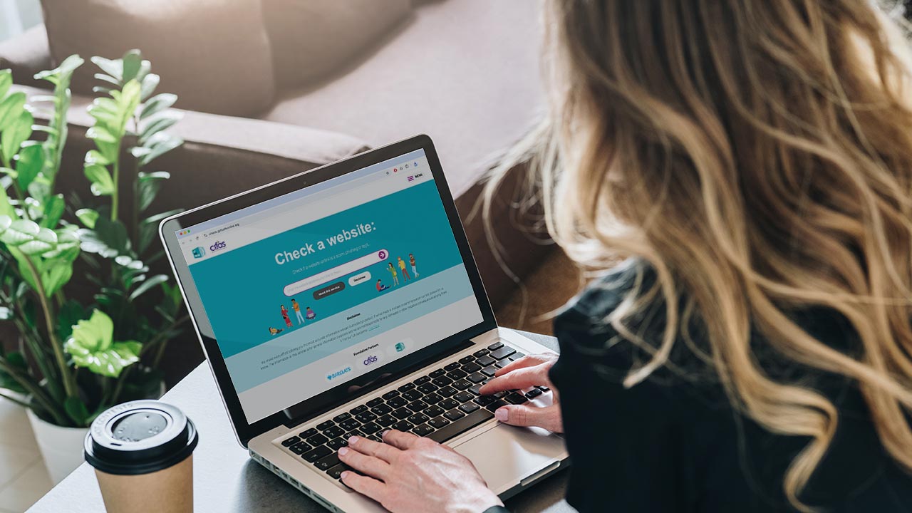 Over the shoulder shot of woman using website checker tool on laptop.