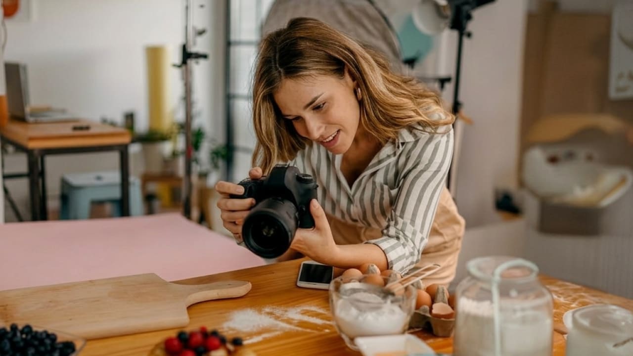жінка фотографує їжу в студії