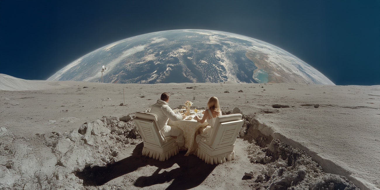 couple having lunch on the moon
