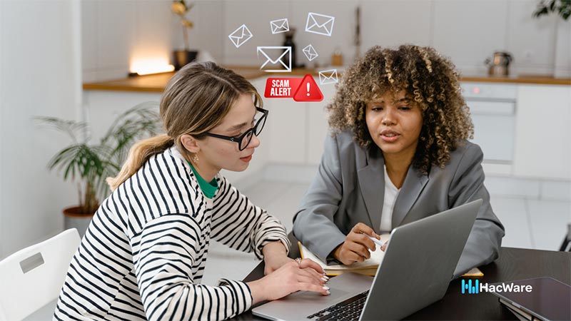 Two women at laptop with alert overlay.
