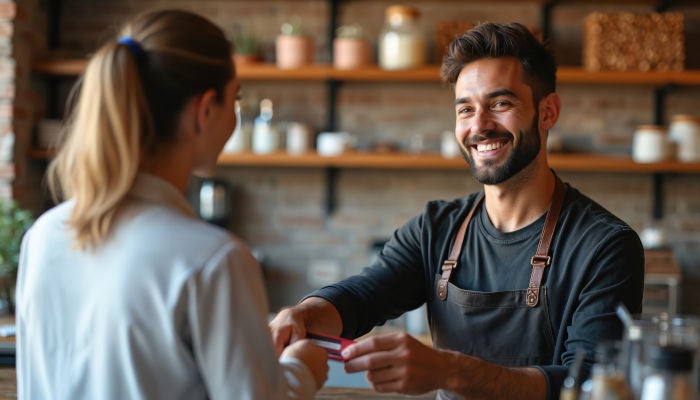A smiling barista wearing an apron hands a customer her credit card across a café counter.